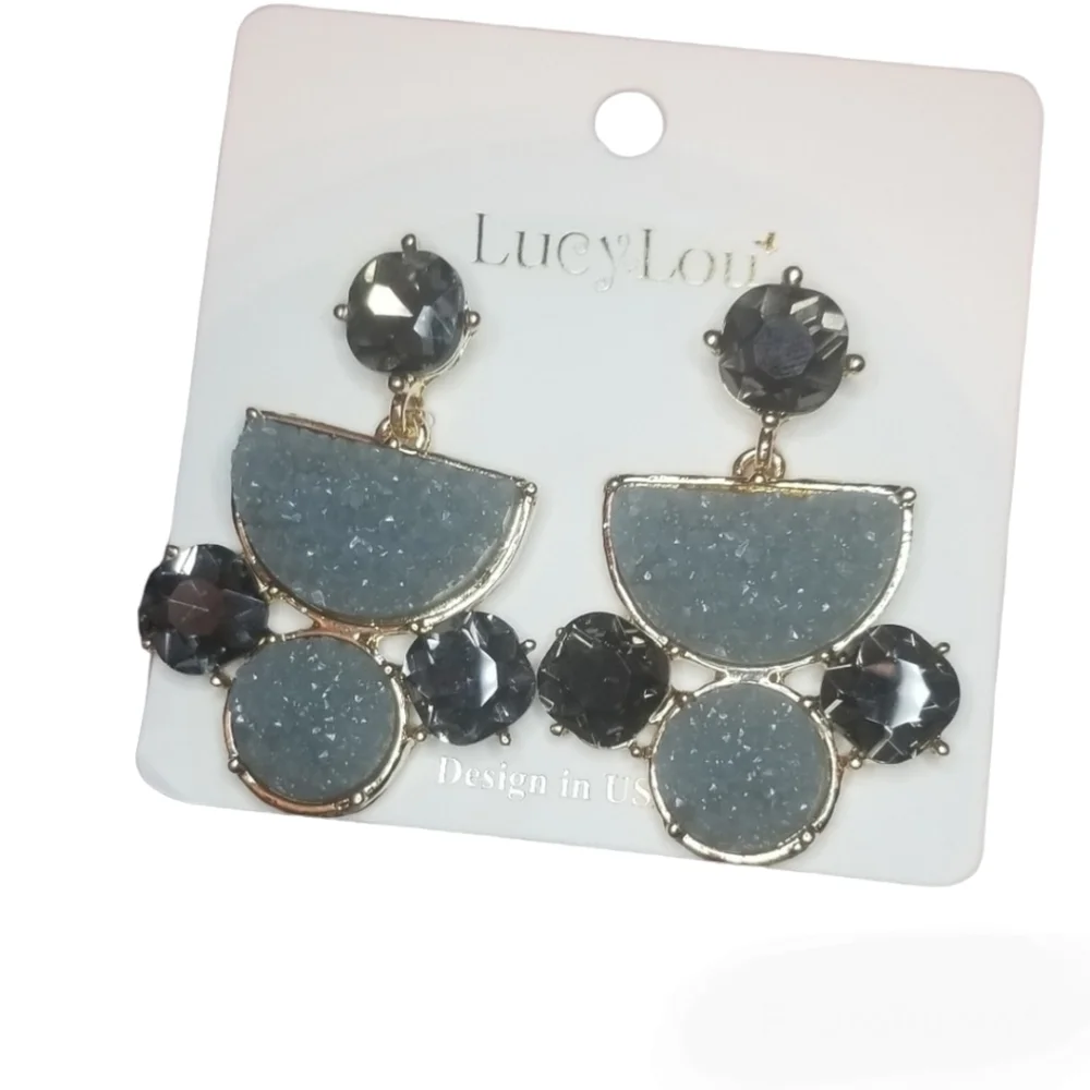Grey Druzy Stone Drop Earrings - Picture 2 of 8